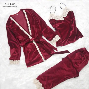 Velvet Princess Pajamas Winter Three-Piece Sleepwear Women Lace Lounge Set 
Velvet Princess Pajamas Winter Three-Piece Sleepwear Women Lace Lounge Set