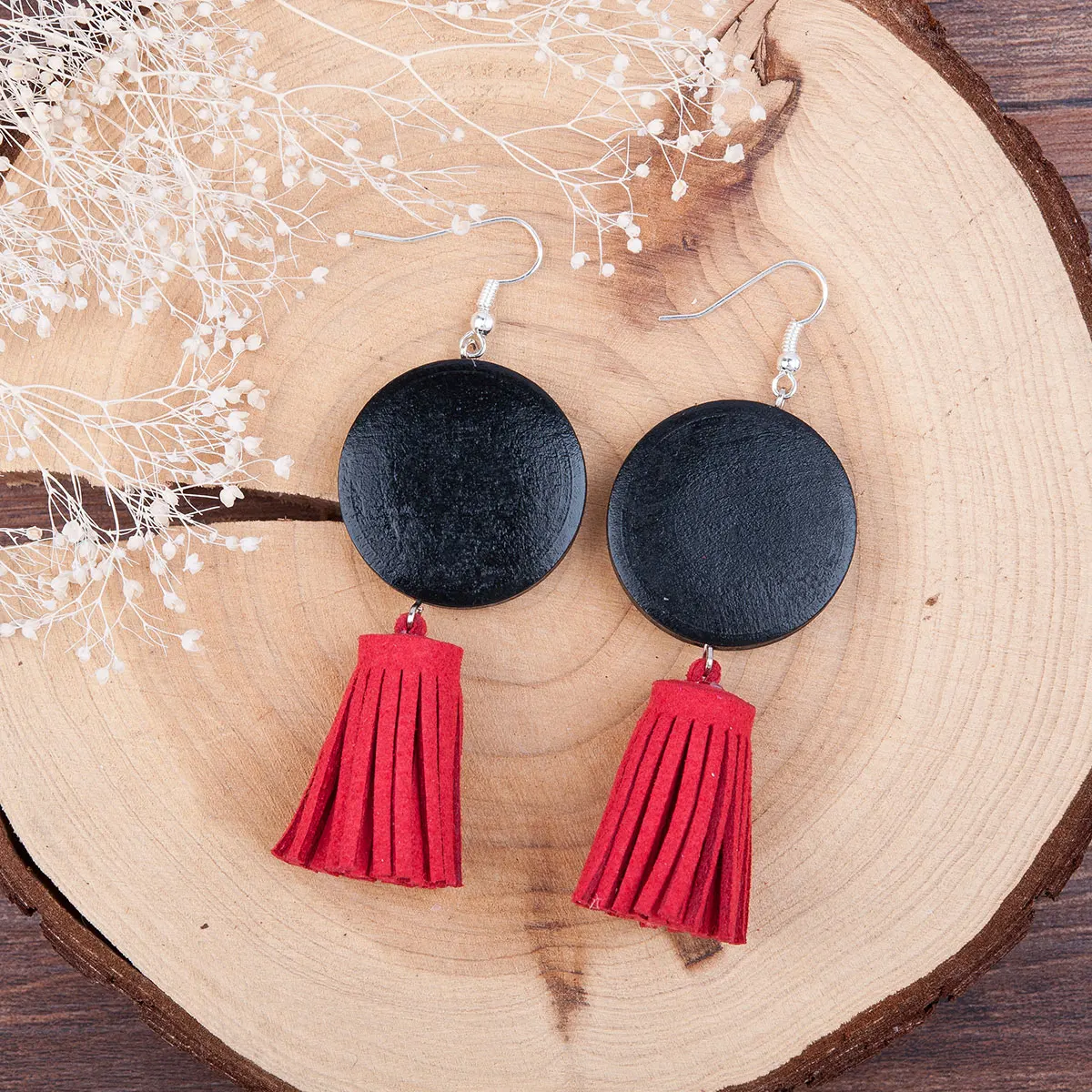 Doreen Box Velvet Faux Suede Red Tassel Earrings Hook Round Silver color Black 67mm(2 5/8")x 27mm 1 Pair 2017 new | Украшения и