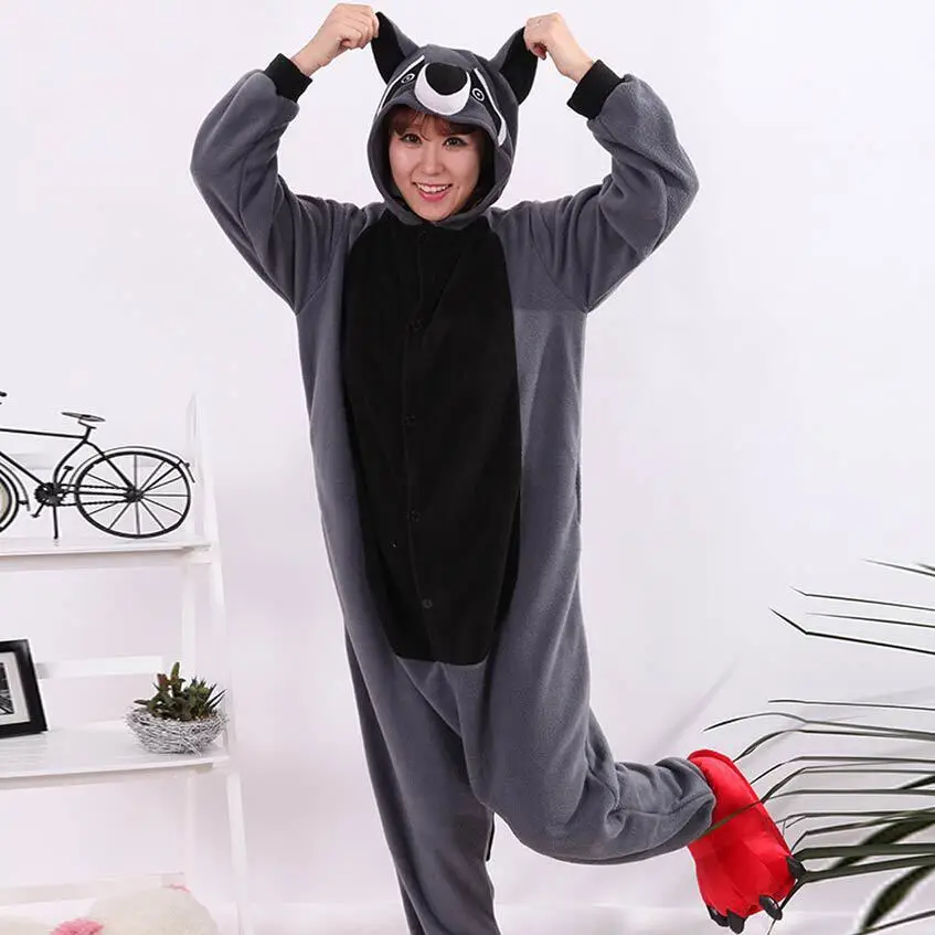 Image Adult Cartoon Animal Gray Raccoon Onesie Unisex Onesie Pajamas Cosplay Costumes Sleepsuit Sleepwear