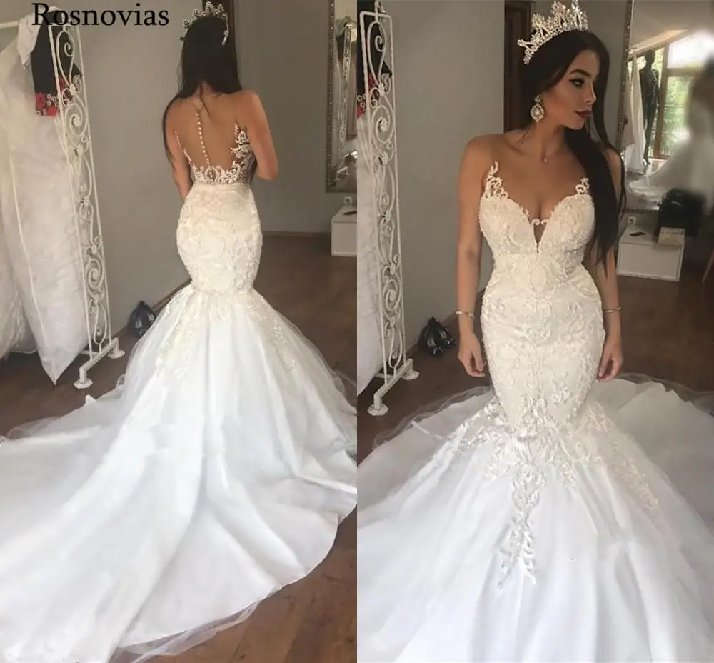 Lace Mermaid Wedding Dresses 2020 Illusion Back Sweep Train Appliques Modest Garden Bridal Gowns Robe De Mariee Customized
Lace Mermaid Wedding Dresses 2020 Illusion Back Sweep Train Appliques Modest Garden Bridal Gowns Robe De Mariee Customized