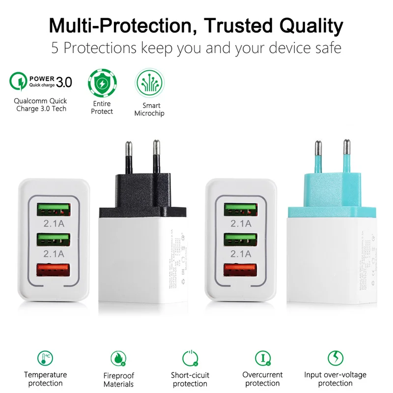 NEW Quick Charging QC 3.0 Smart Charger 3 USB Port Mobile Phone Flash Adapter EU Plug Travel 18W Portable Wall USB Charger
NEW Quick Charging QC 3.0 Smart Charger 3 USB Port Mobile Phone Flash Adapter EU Plug Travel 18W Portable Wall USB Charger