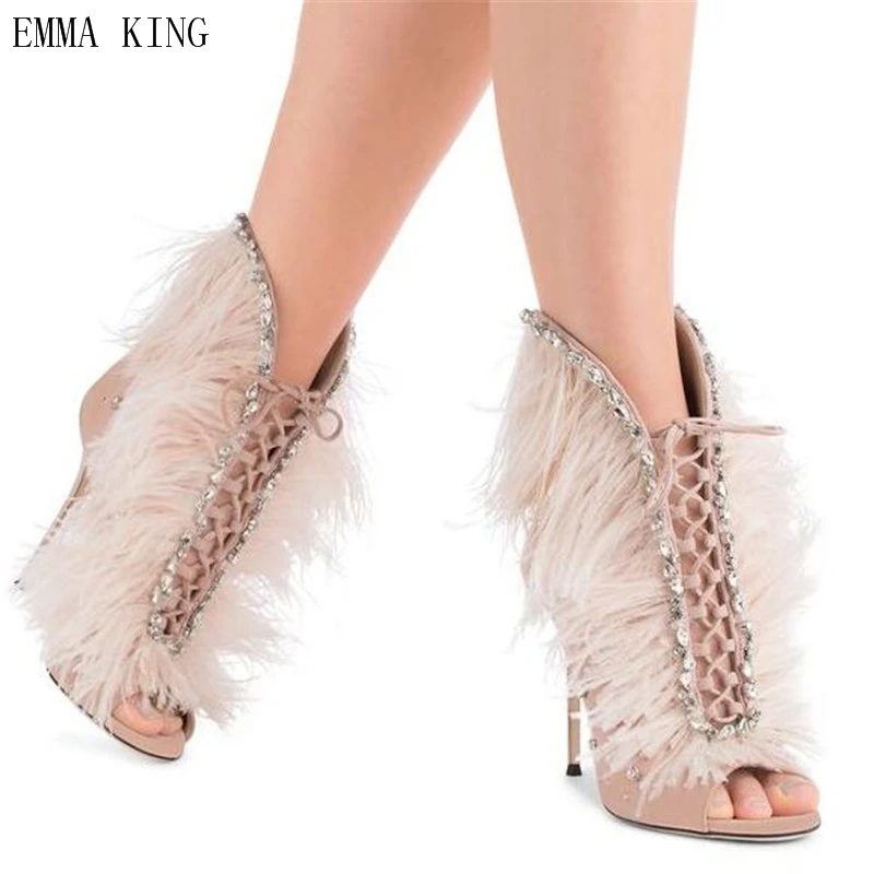 EMMA KING Sexy Feathers Embellished Stiletto Thin High Heels Dress Shoes Woman Luxury Crystal Open Toe Lace Up Sandals Boots | Обувь