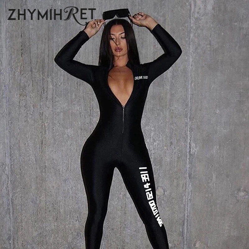 ZHYMIHRET Sexy V Neck Letter Print Black Jumpsuit Female Long Sleeve Zipper Front Skinny Overalls For Women Rompers |