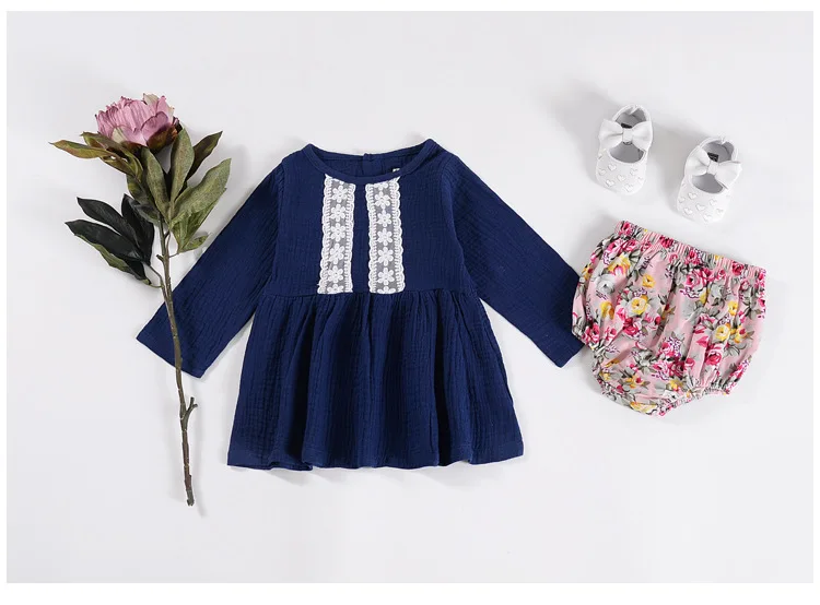 Mother nest Lone Sleeves Baby Girl Lace Dress Dark Blue Linen Cute Newborn Clothes Dresses Children Simple Cotton 1st Birthday (21)