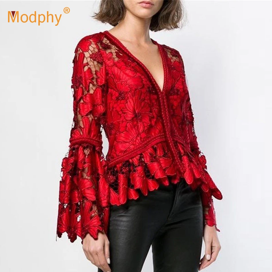 High quality 2019 spring new elegant red women's tops tops lace hollow V-neck long-sleeved shirt party street clothing top
High quality 2019 spring new elegant red women's tops tops lace hollow V-neck long-sleeved shirt party street clothing top
