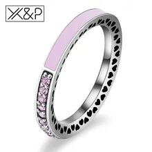X & P Charme Da Moda 100% 925 de Prata Anéis de Dedo para As Mulheres Dos Homens do Dia das Mães Radiante Corações Rosa Claro jóias Anel de esmalte Claro(China)