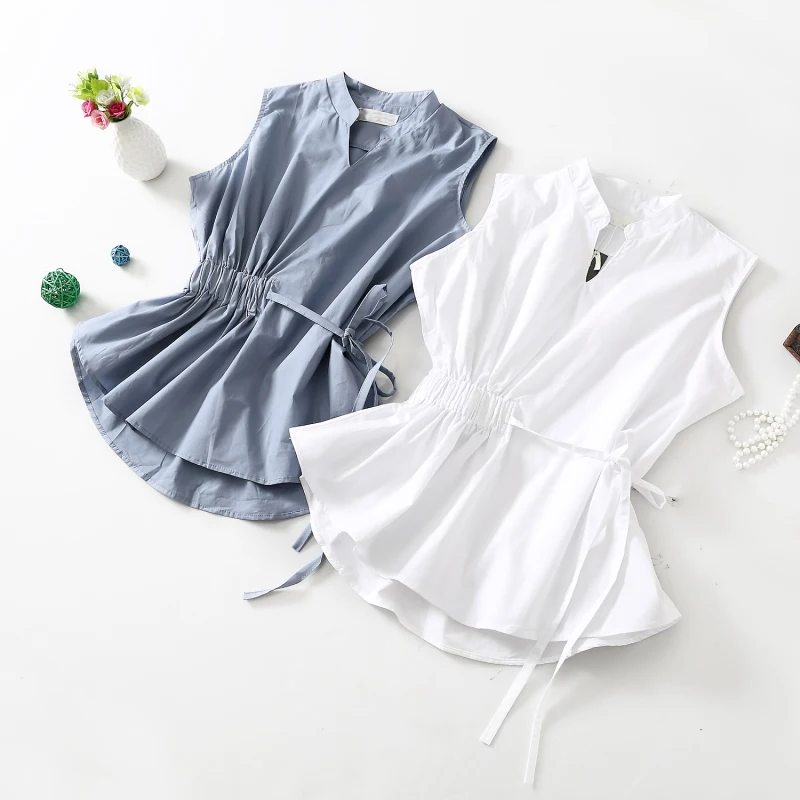 Korean Style Stand Collar Sleeveless Slim Blouse Drawstring Waist Peplum Shirt Plus Size Elegant OL Summer Top Camisas Chemises
Korean Style Stand Collar Sleeveless Slim Blouse Drawstring Waist Peplum Shirt Plus Size Elegant OL Summer Top Camisas Chemises
