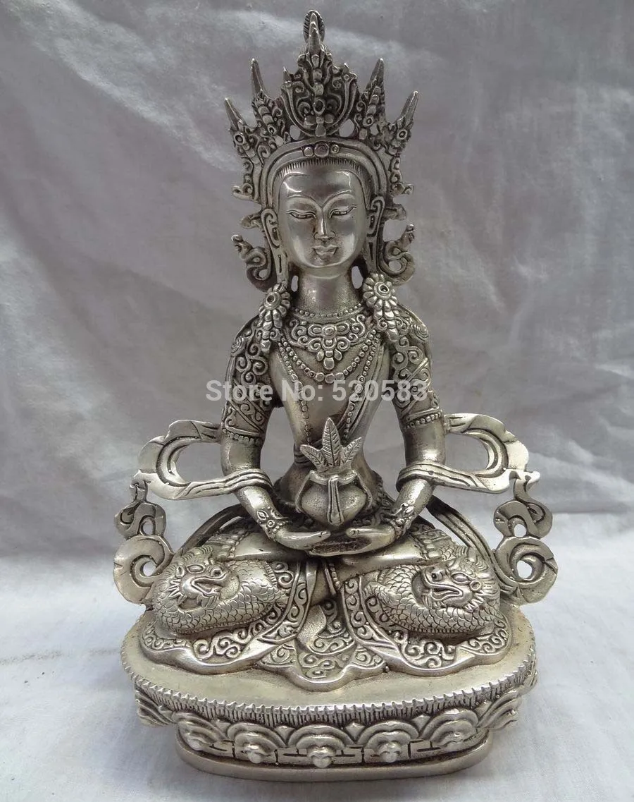

free 9" Tibet Silver Buddhism Dragon Head Portect Amitayus Buddha Bronze Tara Statue fast