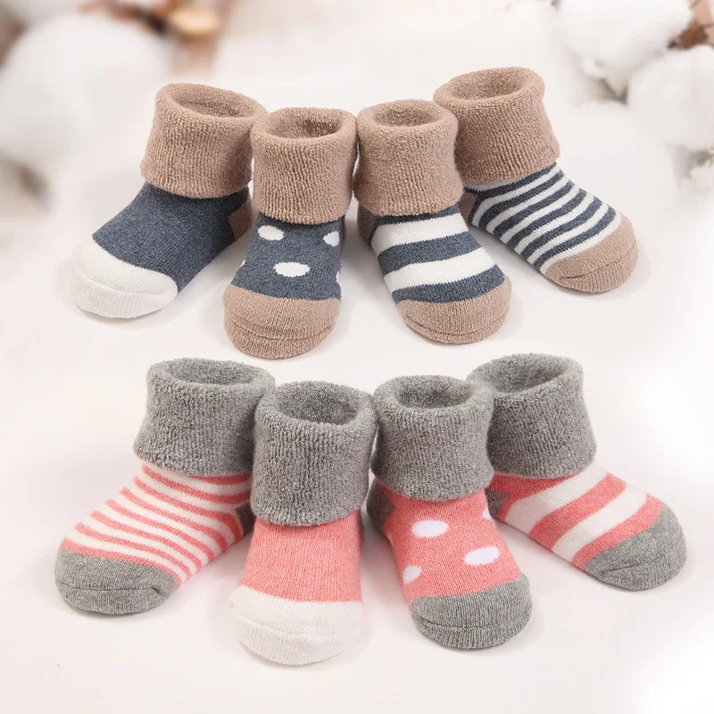 

4pairs/lot Warm Winter Baby Socks Cute Soft Autumn Newborn Baby Girls Socks Stripes & Dots Infant Soft Baby boy Shoe Socks