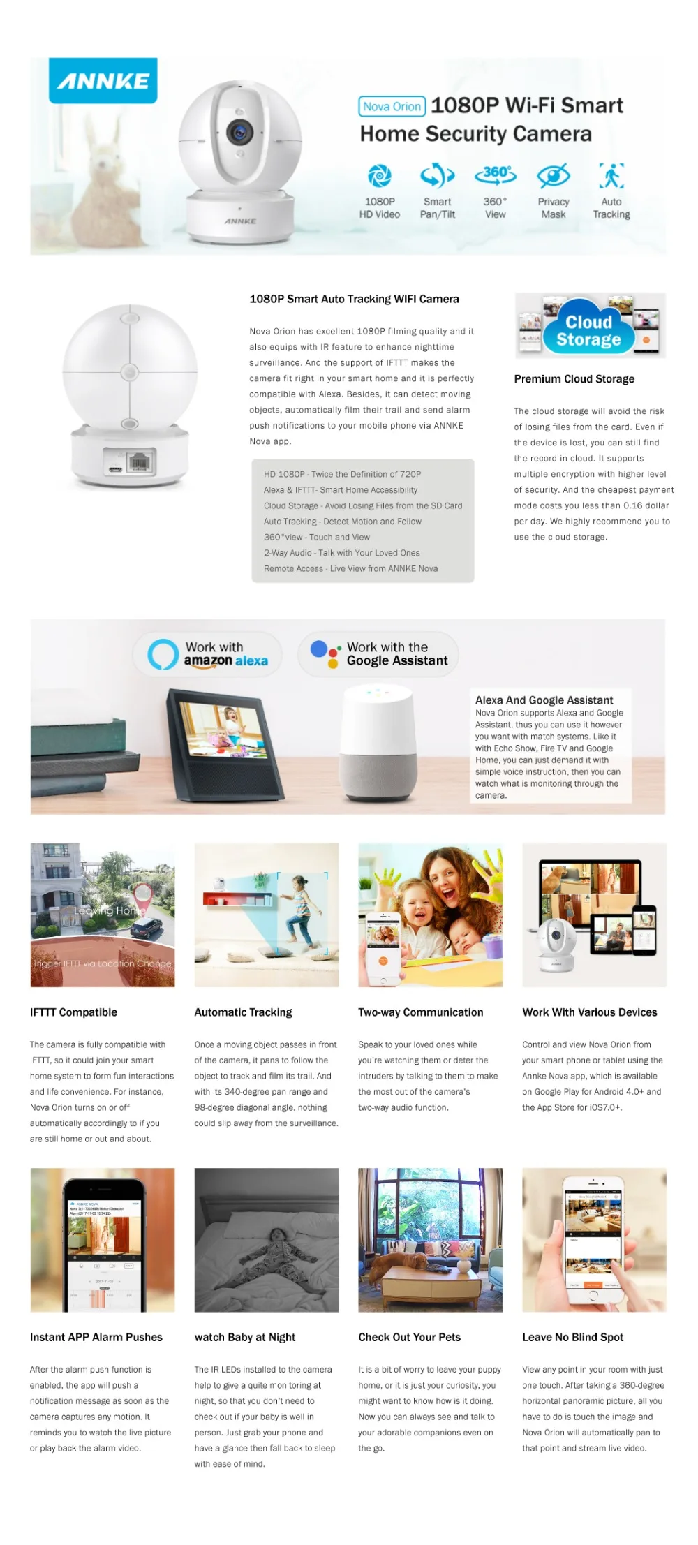 ANNKE WIFI Wireless 1080P Pan Tilt Security IP Camera work with Alexa IFTTT APP