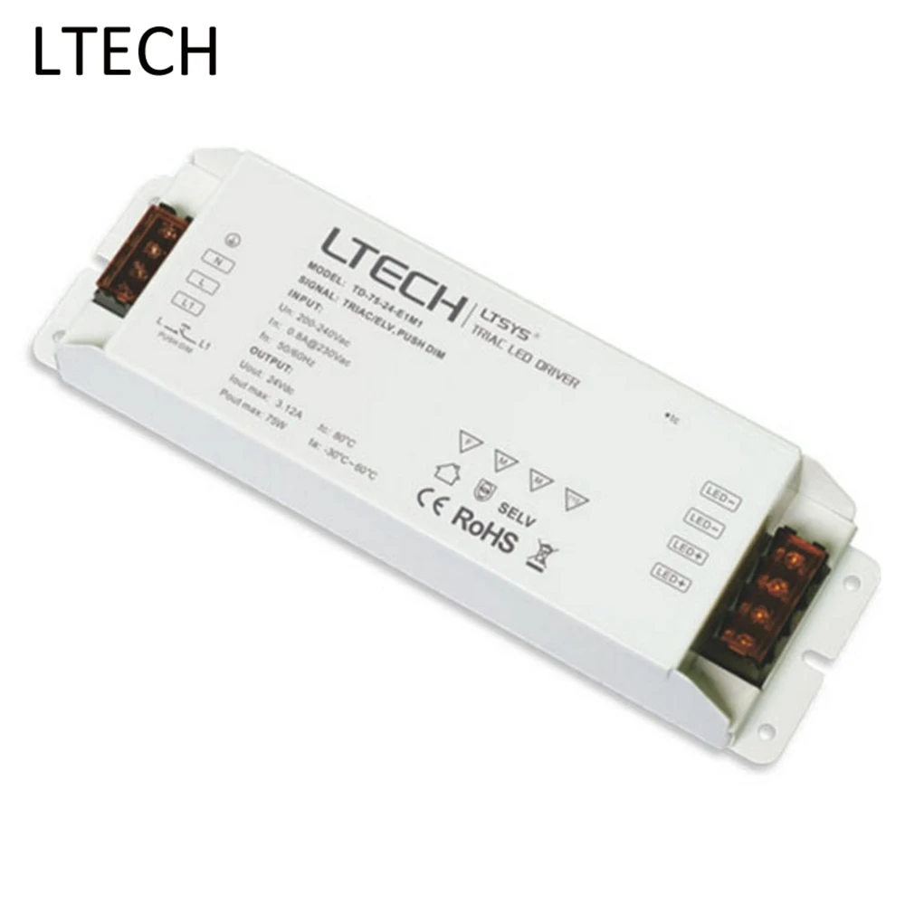 LTECH TD-75-24-E1M1 Intelligent Led Driver DC 24V 3.1A 75W Constant Voltage Triac Dimmable LED Driver Triac Push Dim Free Ship
LTECH TD-75-24-E1M1 Intelligent Led Driver DC 24V 3.1A 75W Constant Voltage Triac Dimmable LED Driver Triac Push Dim Free Ship