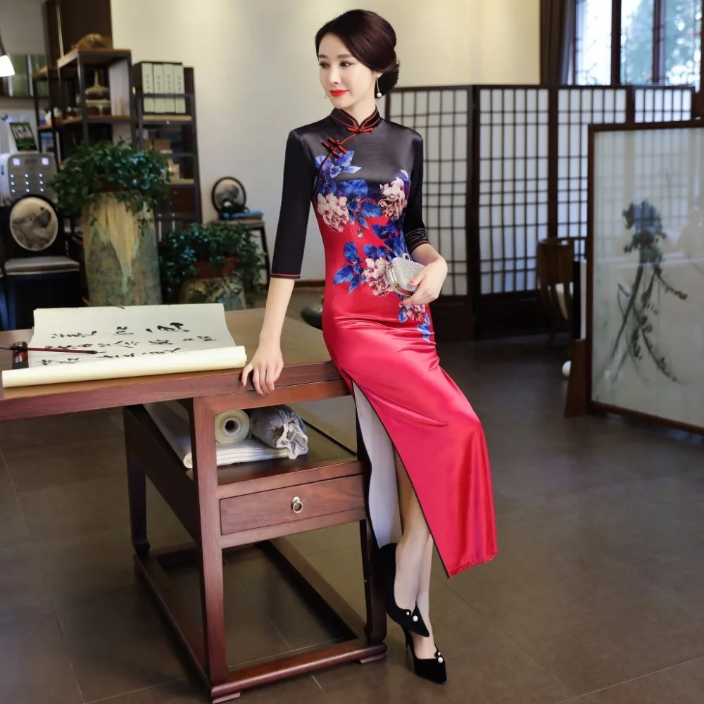 Fengmeisi Для женщин Cheongsam Длинные Qipao китайское традиционное платье Oriental печати