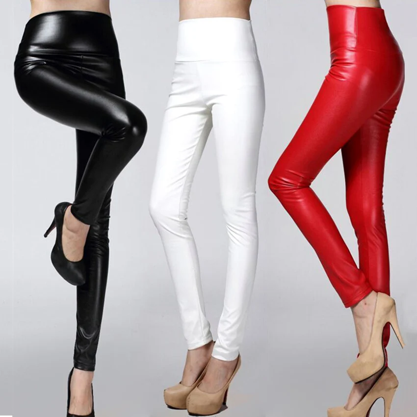 Image 2016 new PU faux leather pants high waist  tight fitting female trousers add sliver ,rust ,rouge color  S M L XL free shipping