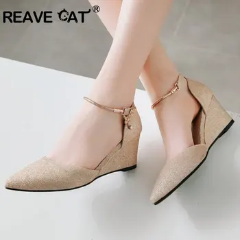 REAVE CAT Spring Woman Pumps Wedges heels glitter party wedges shoes pointed toe buckle gold silver black Sapato feminino A1182
REAVE CAT Spring Woman Pumps Wedges heels glitter party wedges shoes pointed toe buckle gold silver black Sapato feminino A1182