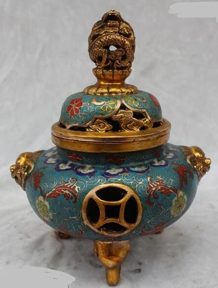 xd 001662 9"Chinese Dynasty Bronze Gild Cloisonne Lucky Dragon Lion Incense Burner Censer