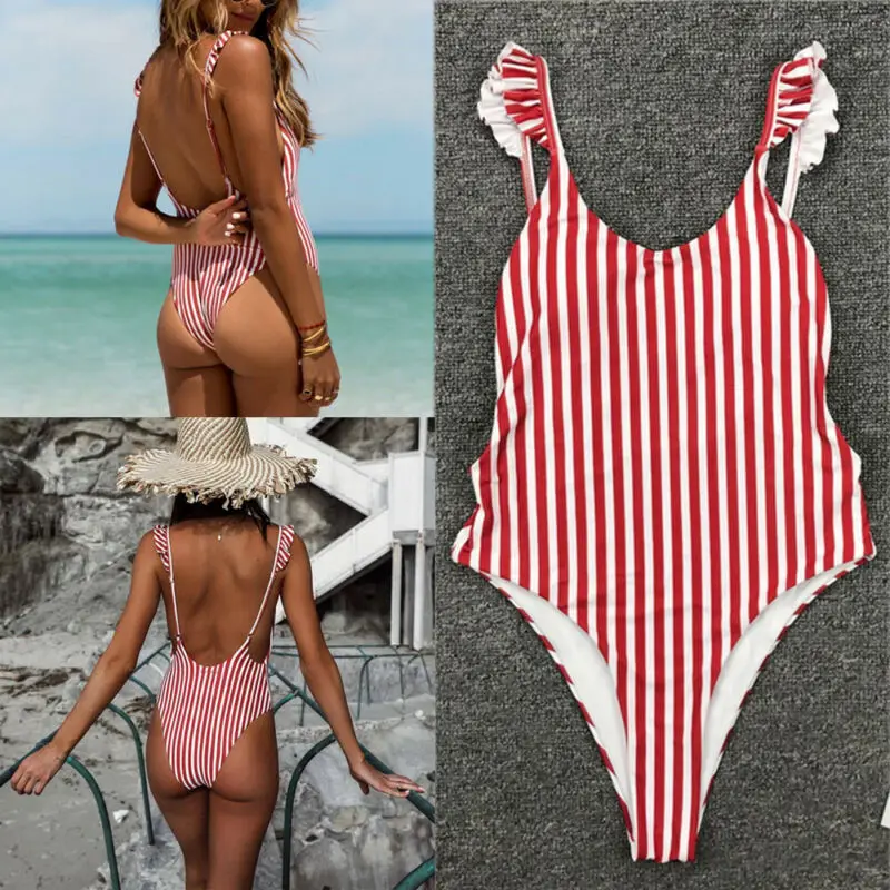 Summer Women One-Piece Backless Swimwear Monokini Push Up Padded Swimsuit Ladies Ruffle Red Striped High Cut Beachwear
Summer Women One-Piece Backless Swimwear Monokini Push Up Padded Swimsuit Ladies Ruffle Red Striped High Cut Beachwear