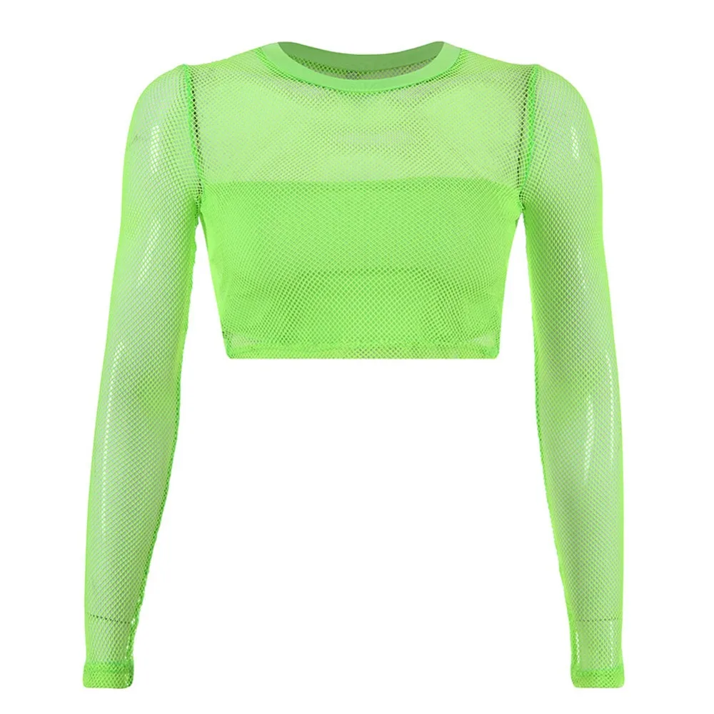 Фото New Sexy Mesh Transparent Crop TopS Long Sleeve T Shirt Women Club Party Tee Fluorescent green See Through Thin O Neck | Женская одежда