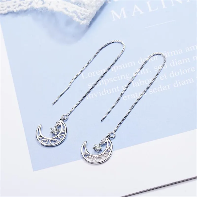 New Fashion Heart Shaped Moon And Star Crystal 925 Sterling Silver Jewelry Ear Line Hollow Exquisite Dangle Earrings SE613
New Fashion Heart Shaped Moon And Star Crystal 925 Sterling Silver Jewelry Ear Line Hollow Exquisite Dangle Earrings SE613