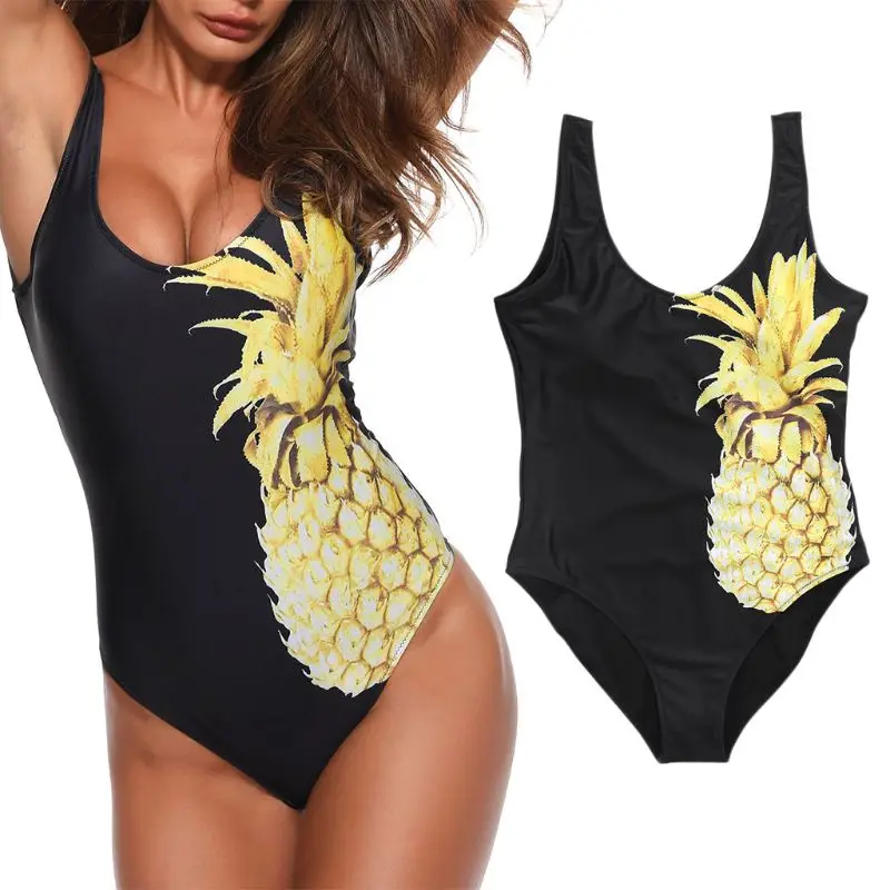 

Womens Sexy One Piece Bikini Deep Scoop Neck Solid Monokini 3D Pineapple Fruit Digital Printing Swimsuit Low Cut Backless Slim