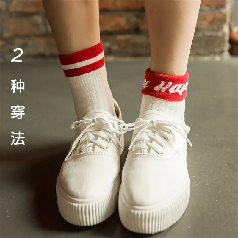 Image 2015 New Fashion Korea Two Stripes White Sport Socks Women Summer Preppy Style Letter Thin Long Socks For Young Girls Students