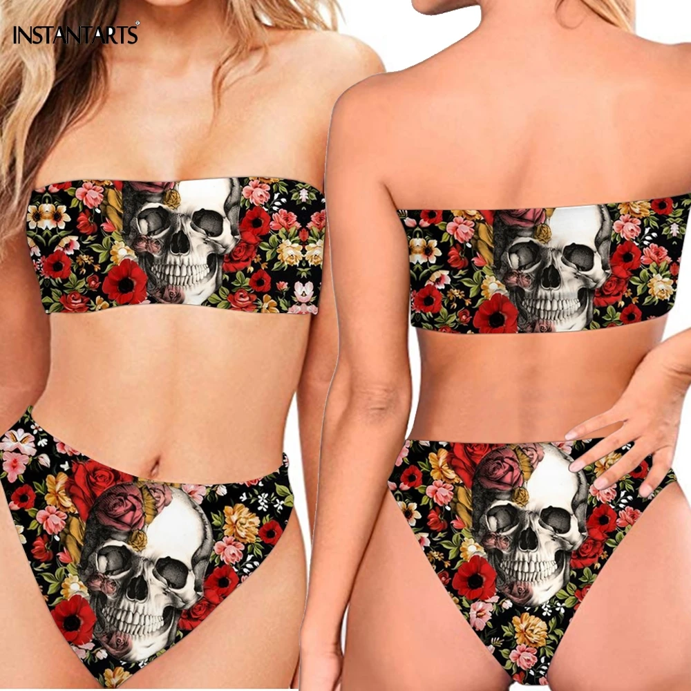 INSTANTARTS Women Summer Sexy Bikini Set 3D Punk Skull Rose Floral Printed Bathing Beachwear Push Up Bandeau Strapless Swimsuits
INSTANTARTS Women Summer Sexy Bikini Set 3D Punk Skull Rose Floral Printed Bathing Beachwear Push Up Bandeau Strapless Swimsuits
