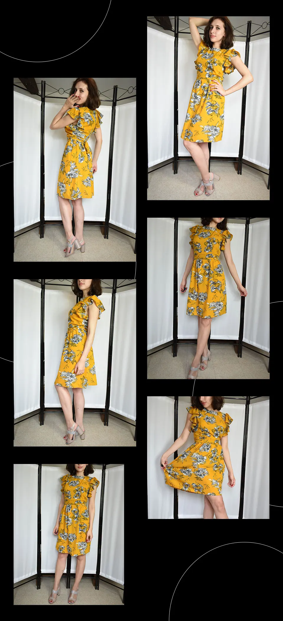 yellow Floral Print Ruffles Sleeve Dress With Belt