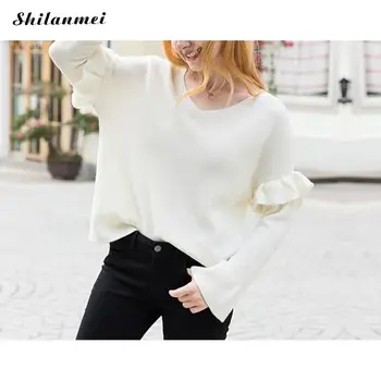 Ruffle Flare Sleeve White Knitted Sweater Women 2019 Spring Autumn Pullover Top Women Solid V-Neck Pullovers Mujer Streetwear
Ruffle Flare Sleeve White Knitted Sweater Women 2019 Spring Autumn Pullover Top Women Solid V-Neck Pullovers Mujer Streetwear