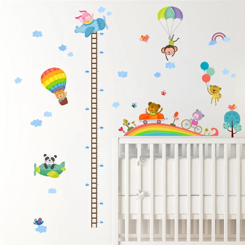 

& Rainbow jungle wild animals air balloon height measure wall stickers kids room Children Growth Chart Wall Decal Poster Mural