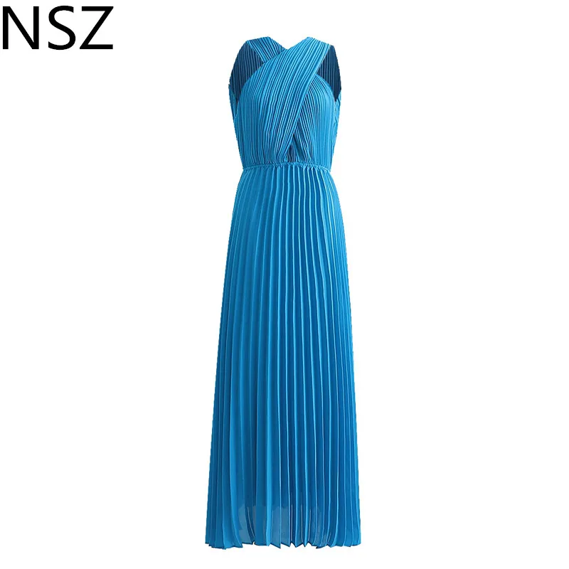NSZ Women Chiffon Summer Dress Sleeveless Straight Pleated Tank Dress Cross V Neck Long Dress Vestidos Mujer
NSZ Women Chiffon Summer Dress Sleeveless Straight Pleated Tank Dress Cross V Neck Long Dress Vestidos Mujer