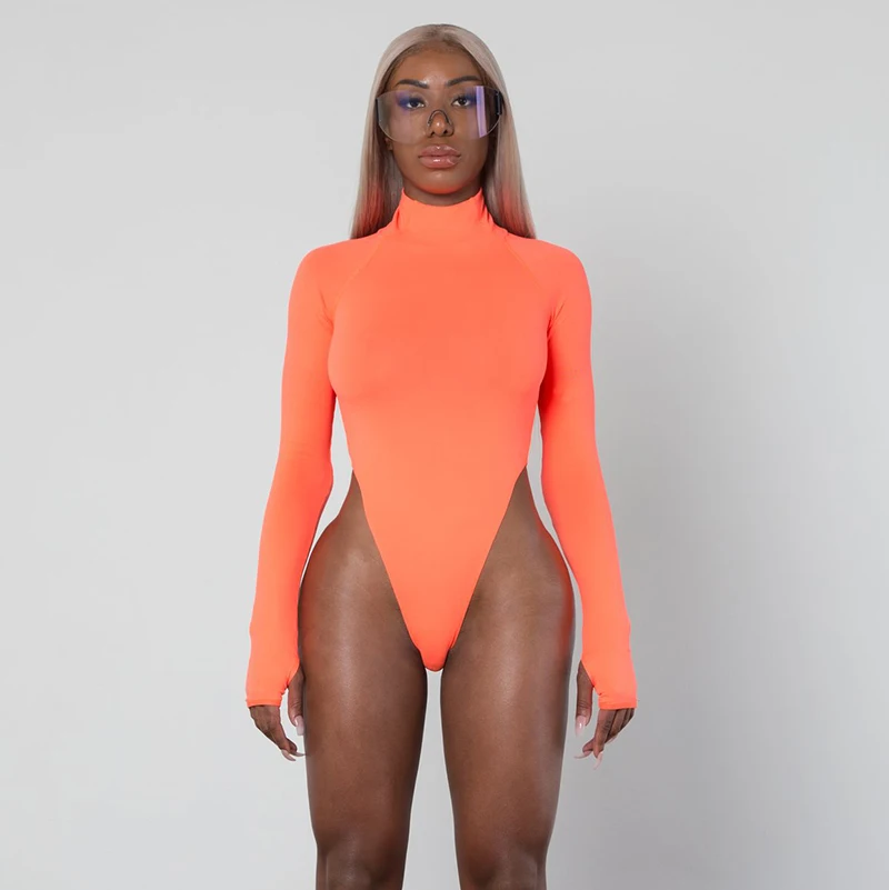 Dulzura high neck long sleeve high waist neon bodysuit 2019 autumn winter women sexy skinny stretch body clothing