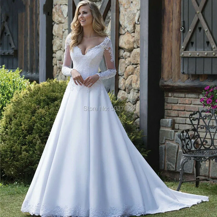 Satin A Line Wedding Dresses Robe De Mariée Long Sleeves V Neck Backless Lace Appliques Plus Size Vestido De Noiva Bridal Gowns
Satin A Line Wedding Dresses Robe De Mariée Long Sleeves V Neck Backless Lace Appliques Plus Size Vestido De Noiva Bridal Gowns