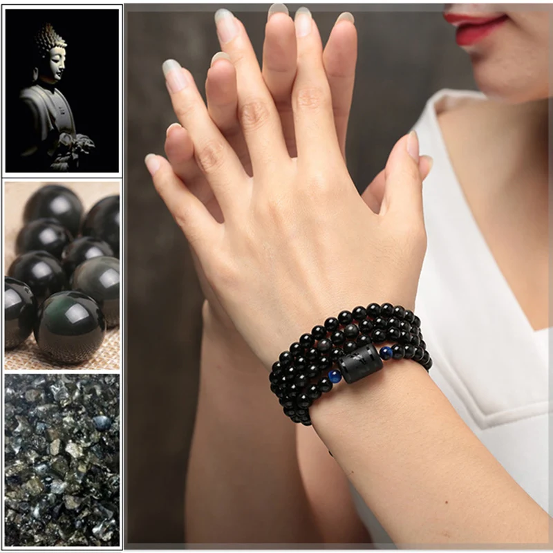 Bracelet superposé en pierre d'oeil de tigre bleu et perles d'obsidienne, bracelet de chance de transfert de bouddhisme, bracelet de distance de yoga de couple d'amoureux 3