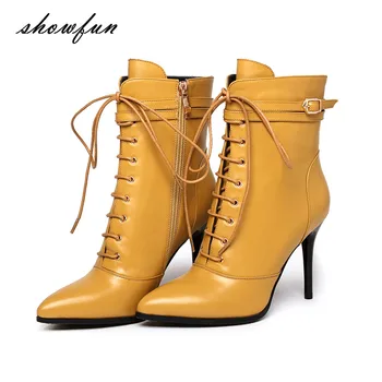 Wome's Genuine Leather Lace-up Ankle Boots Brand Design Ankle Buckle Sexy Thin High Heel Pointed Toe Autumn Short Booties Shoes
Wome's Genuine Leather Lace-up Ankle Boots Brand Design Ankle Buckle Sexy Thin High Heel Pointed Toe Autumn Short Booties Shoes