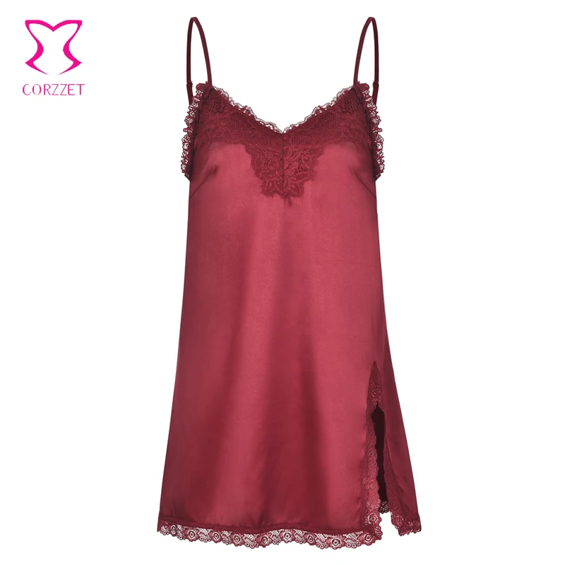 Corzzet Women Red Sleepwear Pyjama Sets Sleeveless Strap Lace Trim Satin Cami Nightwear Femme Sexy Summer Home Wear Sleep Wears |