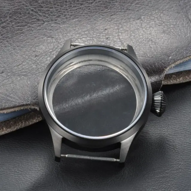 

43mm black PVD Stainless steel parnis Watch CASE Brushed Bezel Sapphire Glass fit 6498 6497 movement
