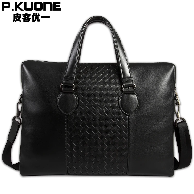 

P.kuone Genuine First layer Cow Leather men's bag handbag Top Brand fashion male briefcase 14 inch Laptop bag Business bags