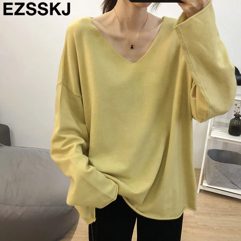 High Quality V-NECK spring autumn oversized Sweater Pullover Women big size Solid Knitted casual Female lazy | Женская одежда