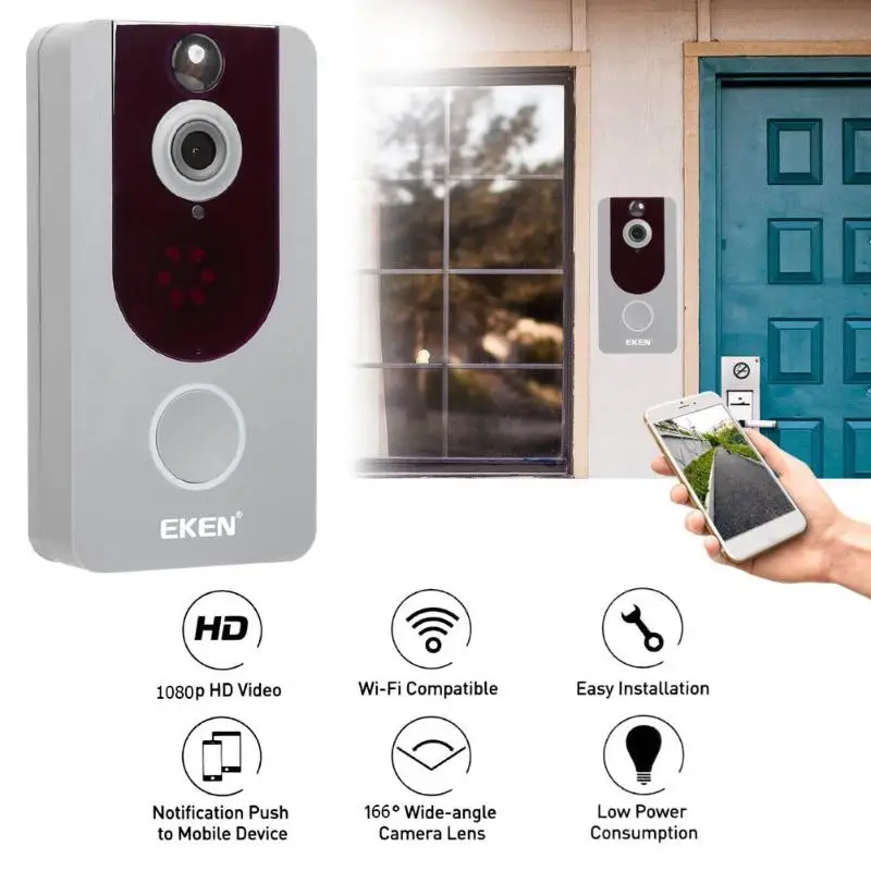 EKEN V7 Full HD 1080P WiFi Doorbell Two-Way Visual Wireless Doorbell PIR Night Vision Camera for Home Security APP Control
EKEN V7 Full HD 1080P WiFi Doorbell Two-Way Visual Wireless Doorbell PIR Night Vision Camera for Home Security APP Control
