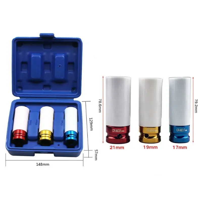 3Pcs Auto Car 1/2" 17mm/19mm/21mm Tire Protection Sleeve Wall Deep Impact Wheel Nut Socket Set with Box
3Pcs Auto Car 1/2" 17mm/19mm/21mm Tire Protection Sleeve Wall Deep Impact Wheel Nut Socket Set with Box