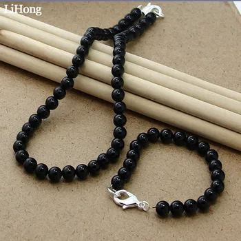 High Quality Silver Color 8mm Round Black Onyx Stone Beads Jewelry Sets Necklace Bracelet Two-Piece Ladies Gift 
High Quality Silver Color 8mm Round Black Onyx Stone Beads Jewelry Sets Necklace Bracelet Two-Piece Ladies Gift