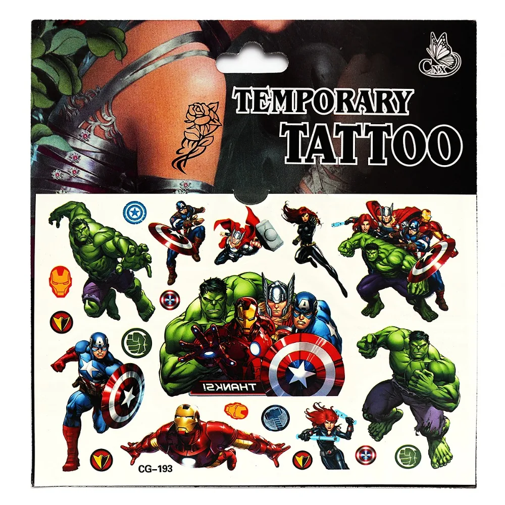 6pcs Non-repeated Kids Tattoos Waterproof The Avengers Temporary Tattoo Sticker Iron Man Thor Hulk Captain America Tattoos
6pcs Non-repeated Kids Tattoos Waterproof The Avengers Temporary Tattoo Sticker Iron Man Thor Hulk Captain America Tattoos