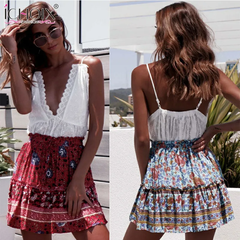 

Boho Floral Print Paperbag Waist Belted Flared Skirts Womens Summer 2019 Casual Frilled Pleated High Waist Mini Skirt