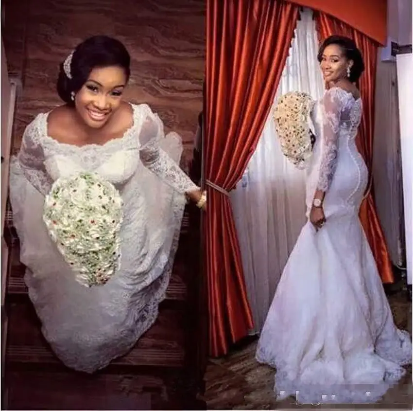 Lovely Square Illusion Long Sleeves Lace Wedding Dress Sweep Train African Mermaid Bridal Gowns with Buttons Back
Lovely Square Illusion Long Sleeves Lace Wedding Dress Sweep Train African Mermaid Bridal Gowns with Buttons Back