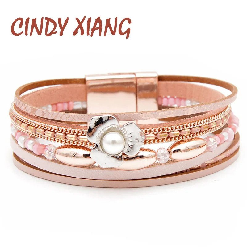 CINDY XIANG Pink Color Leather Bracelets For Women Fashion Flower Cuff Bangles Wide Multi-layer Bracelets Beads Jewelry Gift
CINDY XIANG Pink Color Leather Bracelets For Women Fashion Flower Cuff Bangles Wide Multi-layer Bracelets Beads Jewelry Gift