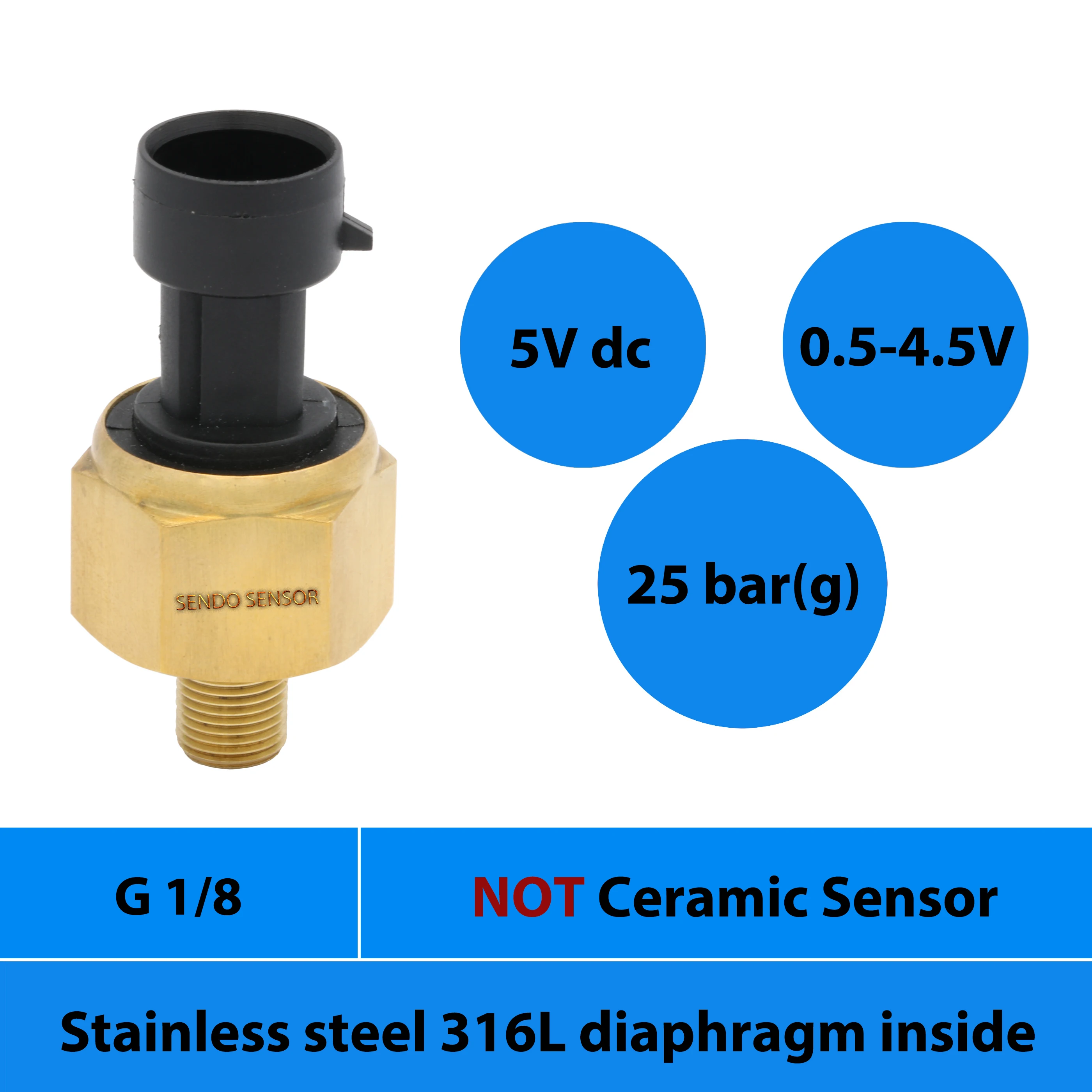 25bar pressure sensor, transducer, 0 2.5Mpa gauge, 0.5 4.5 v, 5V dc, IP65, brass housing, G1 8 in thread, AISI 316L diaphragm
25bar pressure sensor, transducer, 0 2.5Mpa gauge, 0.5 4.5 v, 5V dc, IP65, brass housing, G1 8 in thread, AISI 316L diaphragm