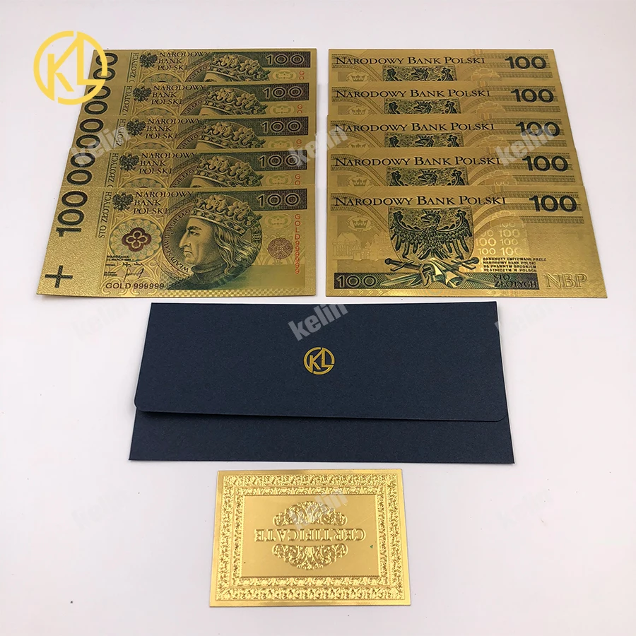 HOT 10pcs/lot Kelin Colored 999.9 Gold Foil Banknote Money Poland 100 PLN with certificate for business gifts home decoration
HOT 10pcs/lot Kelin Colored 999.9 Gold Foil Banknote Money Poland 100 PLN with certificate for business gifts home decoration