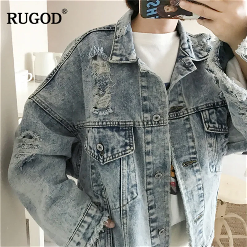 Фото RUGOD/модные рваные джинсовые куртки повседневные свободные с воротником-стойкой