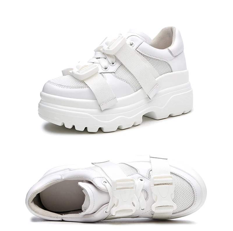 ADBOOV Leather + Mesh Platform Sneakers Women 2018 Fashion Buckle Women Dad Shoes Flat Walking Shoes Woman Casual Footwear 10