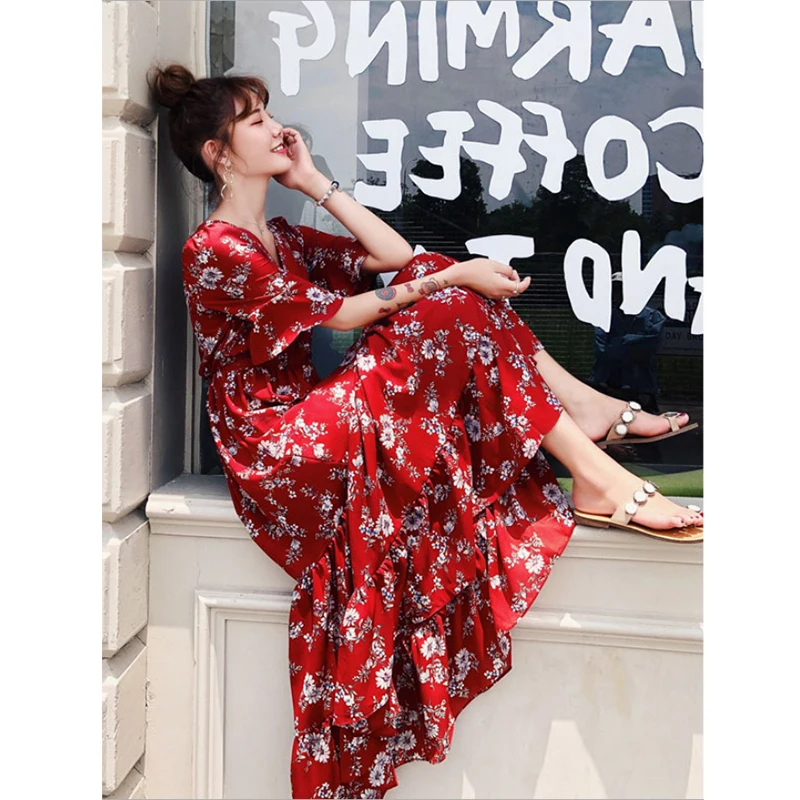 Liva girl Fashion Women Summer Floral Dress Boho Long Maxi Holiday Party Dress V Neck Female Chic Loose Sundress 
Liva girl Fashion Women Summer Floral Dress Boho Long Maxi Holiday Party Dress V Neck Female Chic Loose Sundress