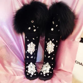Top European custom leather luxury rhinestones oversized fox fur over the knee women's boots fashion increase women's boots.
Top European custom leather luxury rhinestones oversized fox fur over the knee women's boots fashion increase women's boots.